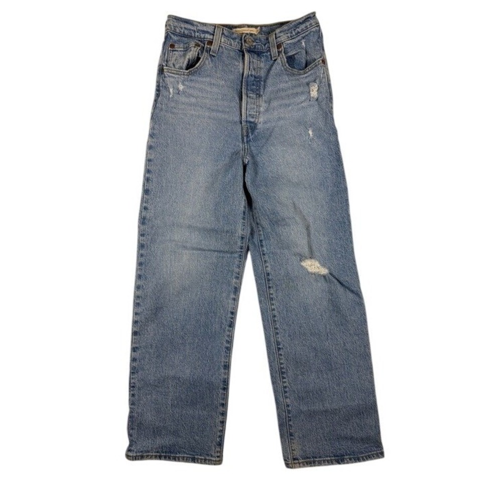 Levis Ribcage Straight Ankle Jeans 26 Light Wash Blue Distressed High Rise Denim